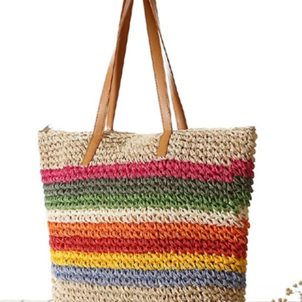 Rainbow Straw Bag for Women Beach Tote Handbag Large Capacity Summer Accessory - Picture 2 of 7